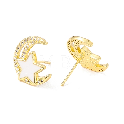 Clear Cubic Zirconia Moon and Star Stud Earrings with Enamel EJEW-I266-10G-1