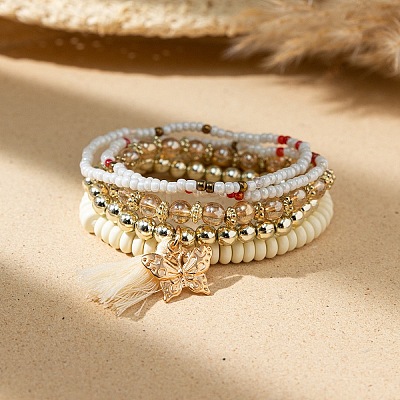 Bohemian Vacation Style Glass Beaded Stackable Stretch Bracelets Set for Women OD2918-10-1
