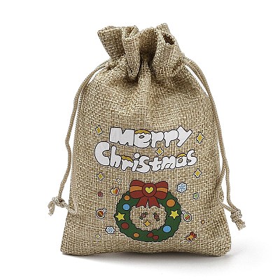 Christmas Printed Burlap Packing Pouches Drawstring Bags ABAG-Q053-02A-09-1