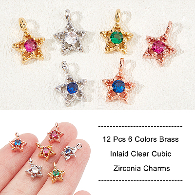  12Pcs 6 Colors Brass Inlaid Clear Cubic Zirconia Charms ZIRC-NB0001-72-1