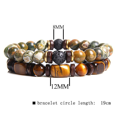 Men's Double-layered Tiger Eye Stone Beaded Bracelet Set - Natural Gemstone Jewelry ST4931757-1