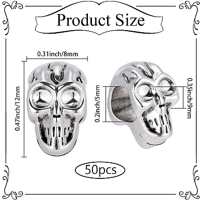 50Pcs Skull Alloy European Beads MPDL-PA0001-02-1