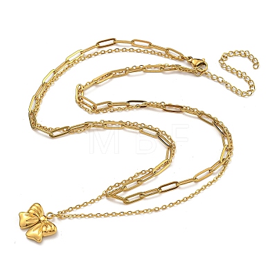 304 Stainless Steel Bowknot Pendant Necklaces NJEW-L182-001G-07-1