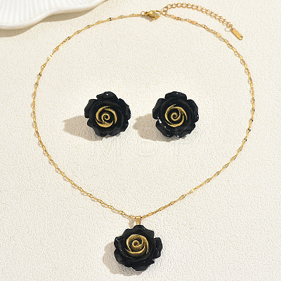 Elegant Resin Rose Pendant Necklace & Stud Earrings Set for Women DC8905-1