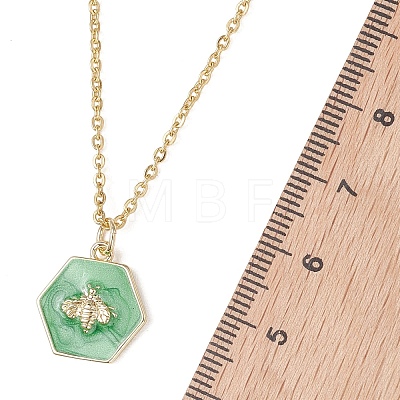 Brass Enamel Green Hexagon with Bee Pendant 304 Stainless Steel Cable Chain Necklaces for Women NJEW-JN05994-1