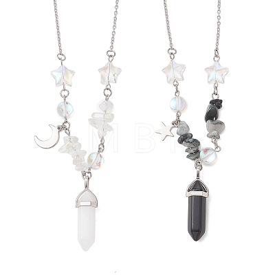 2Pcs Bullet Natural & Synthetic Gemstone Pendant Necklaces for Women Men NJEW-TA00224-1