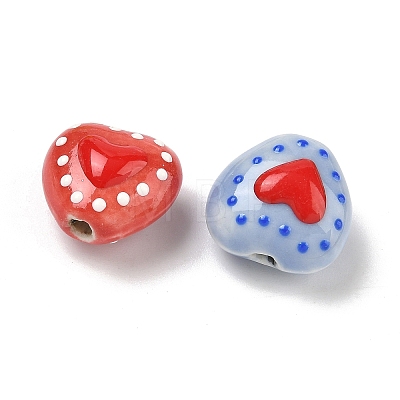Heart Pattern Handmade Porcelain Enamel Beads PORC-G016-03-1