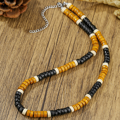 Bohemian Coconut & Wood Heishi Beaded Necklaces with Alloy End Chains for Men WGF984F-03-1