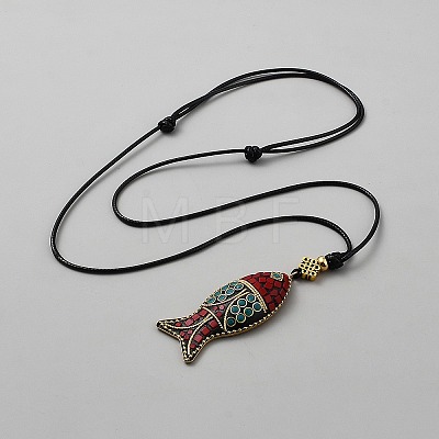 Adjustable Alloy Dark Red Fish Pendant Black Waxed Cord Necklaces NJEW-WH0001-52G-1