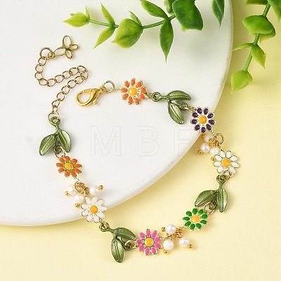 Brass Enamel Colorful Flower Link Chain Bracelets with Natural Pearl Beads for Women BJEW-JB14174-1