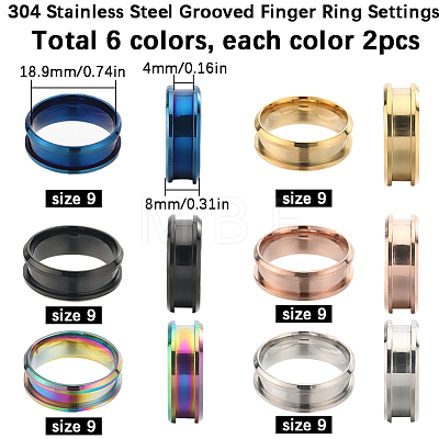 12Pcs 6 Colors 304 Stainless Steel Grooved Finger Ring Settings RJEW-SC0001-01C-1