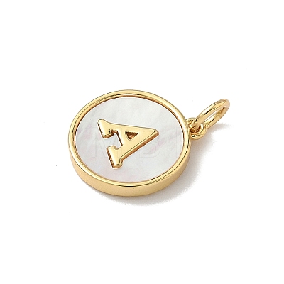 Brass Pave Natural Shell Flat Round with Letter Charms KK-Z115-13G-A-1