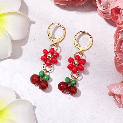 Natural Carnelian Beads & Glass Seed Dangle Hoop Earrings EJEW-MZ00309-05-1