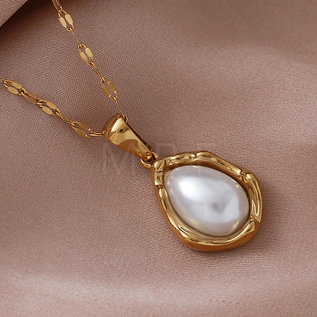 Vintage Stainless Steel & Imitation Pearl Teardrop Pendant Necklaces for Women ZZ4514-1