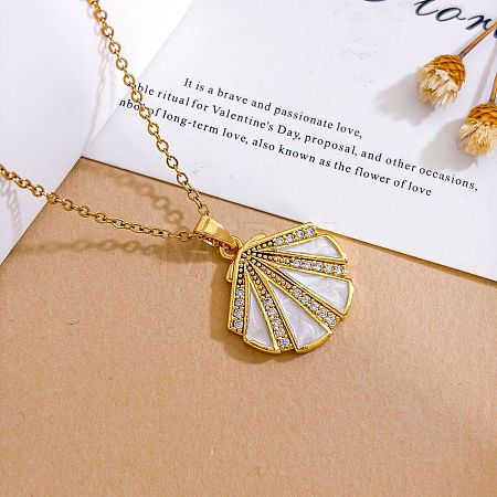 Ocean Brass Micro Pave Clear Cubic Zirconia Enamel Shell Shape Pendant Necklaces for Women WGFFEAA-03-1
