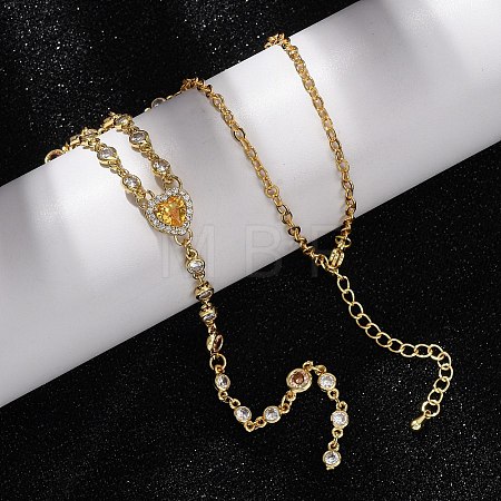 Brass Pave Cubic Zirconia Heart Pendant Y Tassel Necklaces for Women NJEW-A071-01G-03-1