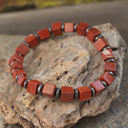 Cube Natural Red Jasper & Synthetic Non-magnetic Hematite Beads Stretch Bracelets for Women Men PF6426-18-1