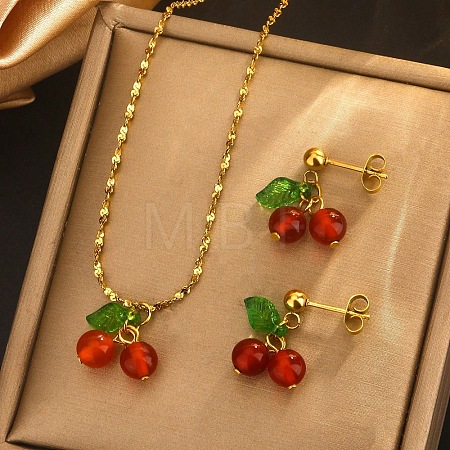 Cherry 304 Stainless Steel Glass Pendant Necklaces & Stud Dangle Earrings Sets WGB239D-01-1