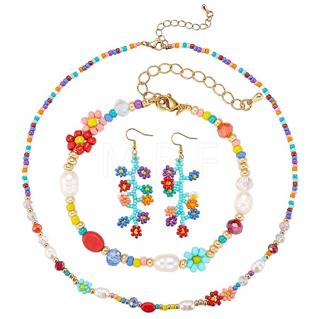 Natural Pearl & Glass Seed Beaded Necklace & Bracelet & Dangle Earrings SJEW-SW00008-1