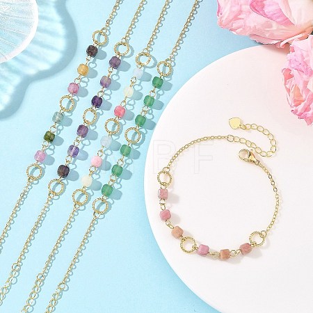 Natural Mixed Gemstone Faceted Cube Beaded Brass Chain Bracelets for Women BJEW-JB14334-1