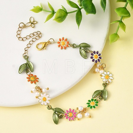 Brass Enamel Colorful Flower Link Chain Bracelets with Natural Pearl Beads for Women BJEW-JB14174-1