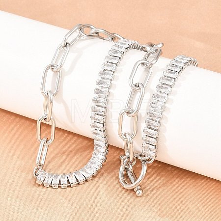 304 Stainless Steel Pave Clear Cubic Zirconia Tennis Chain Paperclip Chain Necklaces with OT Clasps NJEW-D326-02P-1