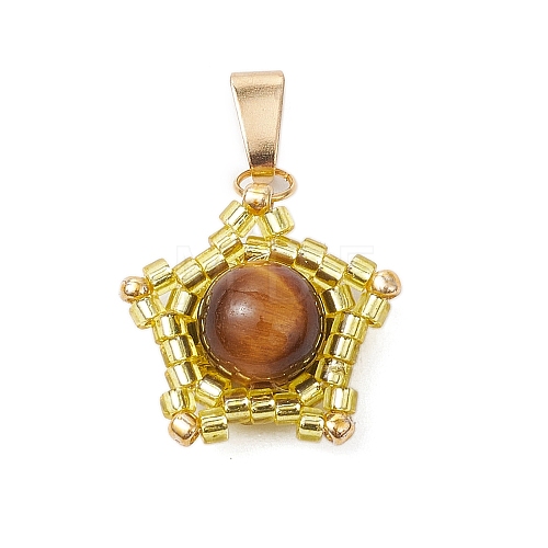 Natural Tiger Eye & Handmade Glass Seed Beaded Star Pendants PALLOY-MZ00490-02-1