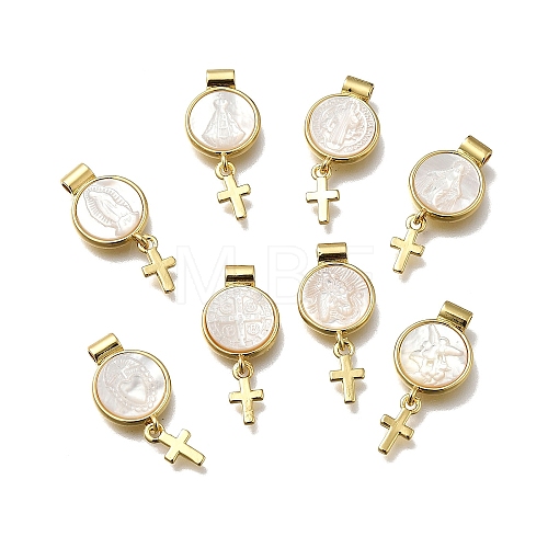 Brass Pave Natural White Shell Flat Round with Cross Pendants KK-C090-40G-1