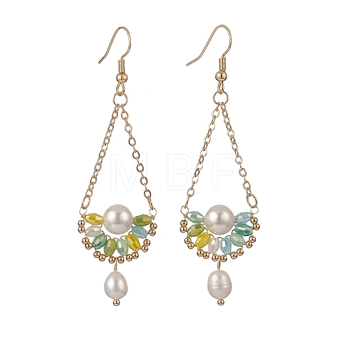 Natural Pearl & Glass Teardrop with Flower Dangle Earrings EJEW-TA00222-02-1