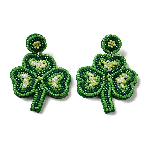 Saint Patrick's Day Glass Seed Beaded Dangle Stud Earrings EJEW-F327-01A-1