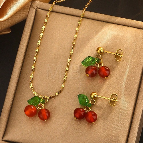 Cherry 304 Stainless Steel Glass Pendant Necklaces & Stud Dangle Earrings Sets WGB239D-01-1