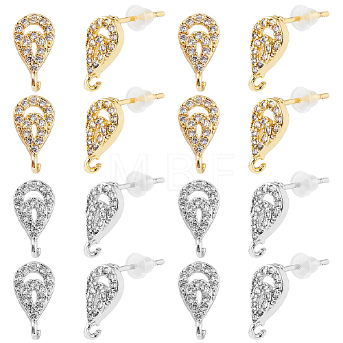 8 Pairs 2 Colors Brass Micro Pave Clear Cubic Zirconia Stud Earring Findings KK-DC0001-32-1