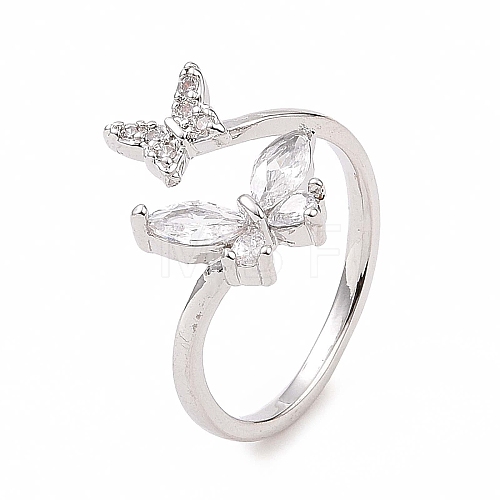 Clear Cubic Zirconia Butterfly Open Cuff Ring X-RJEW-B028-26P-1