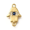 Brass Micro Pave Clear & Blue Cubic Zirconia Religion Hamsa Hand with Eye Connector Charms KK-Q043-10G-1