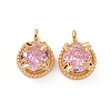 Brass Pendants with Pink Glass KK-E068-VF208-2
