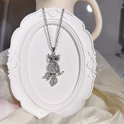 Vintage Alloy Crystal Rhinestone Owl Pendant Necklaces WU5085-1
