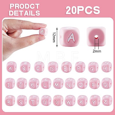 20Pcs Pink Cube Letter Silicone Beads 12x12x12mm Square Dice Alphabet Beads with 2mm Hole Spacer Loose Letter Beads for Bracelet Necklace Jewelry Making JX435T-1