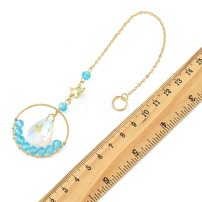 Ocean Theme Glass Round Beads & Teardrop Suncatcher with Brass Charm HJEW-JM04939-1