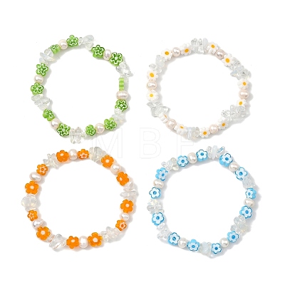 Handmade Millefiori Glass & Opalite & Natural Cultured Freshwater Pearl Beaded Stretch Bracelets for Women BJEW-JB13945-1