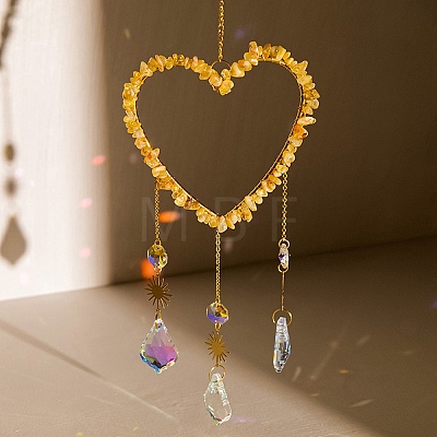 Heart Natural Yellow Quartz Chips Hanging Ornaments HJEW-G024-01C-1