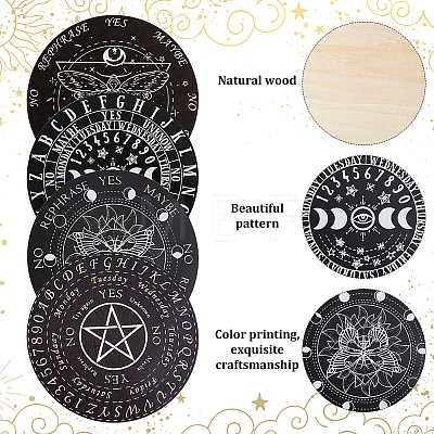 Gorgecraft Butterfly/Pentagram/Moon Phase Pattern Wooden Flat Round Pendulum Board AJEW-GF0006-88-1