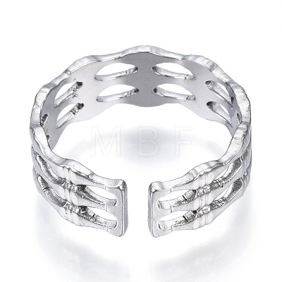 304 Stainless Steel Bamboo Shape Open Cuff Ring RJEW-N040-34-1