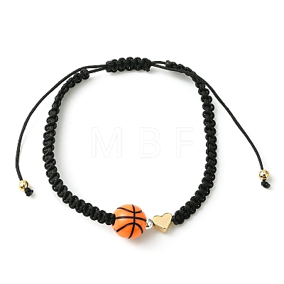 Sport Theme Acylic & Brass Heart Braided Bead Bracelet BJEW-JB09713-1