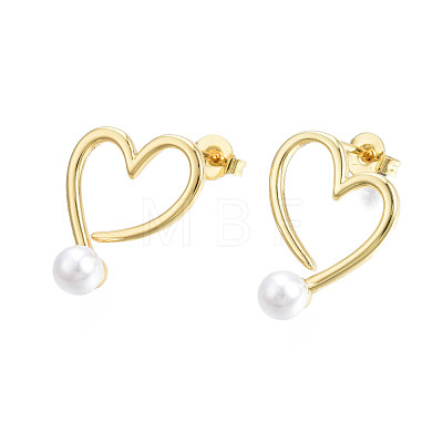 Brass Open Heart Stud Earrings with ABS Plastic Pearl for Women EJEW-N011-54LG-1
