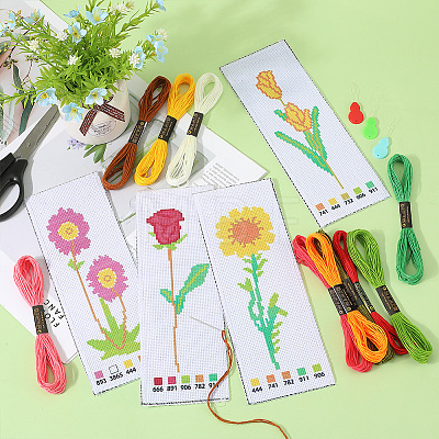 Gorgecraft 4 Sets 4 Style DIY Flower Bookmark Cross-Stitch Kit DIY-GF0009-28-1