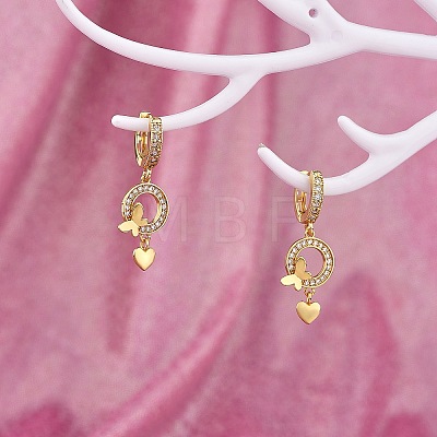 Clear Cubic Zirconia Ring with Butterfly and Heart Dangle Hoop Earring EJEW-SW00011-08-1