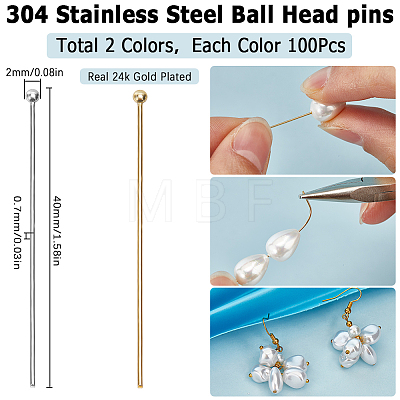 SUNNYCLUE 200Pcs 2 Colors 304 Stainless Steel Ball Head pins STAS-SC0007-82-1