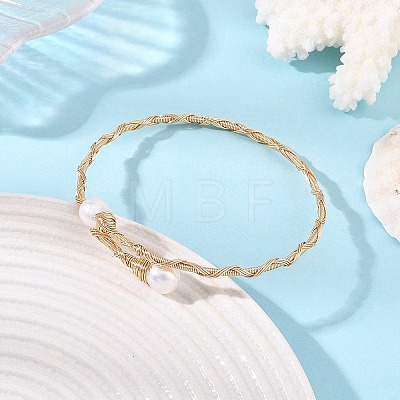 Natural Cultured Freshwater Pearl Rice Wire Wrapped Brass Cuff Bangles for Women BJEW-JB14301-1