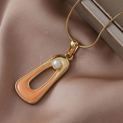 Minimalist 304 Stainless Steel Enamel with Imitation Pearl Trapezoid Pendant Necklaces for Women DN6458-1