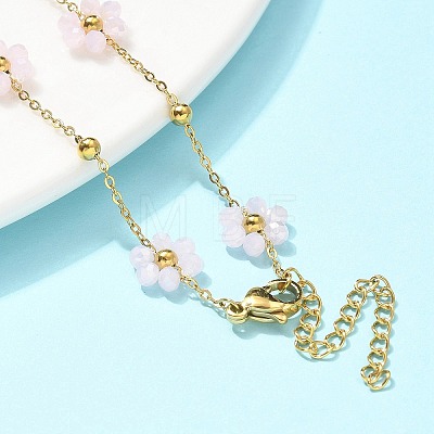 304 Stainless Steel & Synthetic Stone Daisy Flower Chain Anklets for Women AJEW-B031-01G-02-1